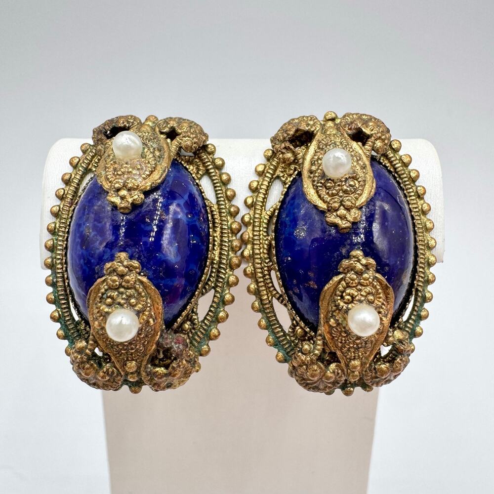 Vintage West Germany Faux Blue Lapis Lazuli Filigree Clip On Earrings Romantic